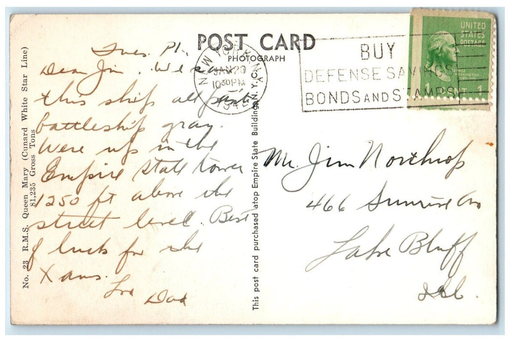 1942 RMS Queen Mary Cunard White Star Line Steamer Ship RPPC Photo Postcard