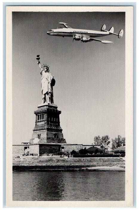 Liberty Statue Airplane Lufthansa Super G Constellation NY RPPC Photo Postcard