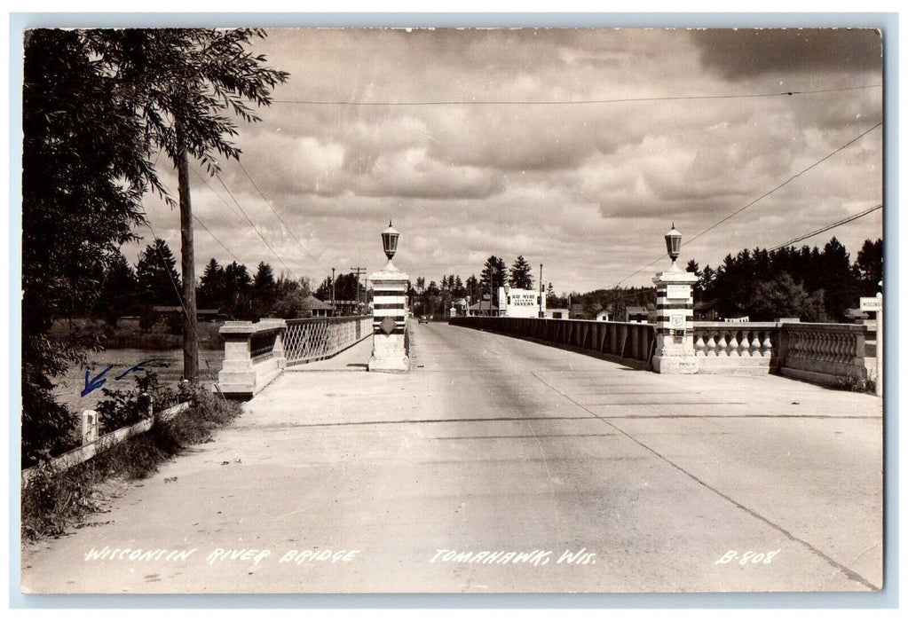 Wisconsin River Bridge Ray Myre Gateway Tavern Tomahawk WI RPPC Photo Postcard