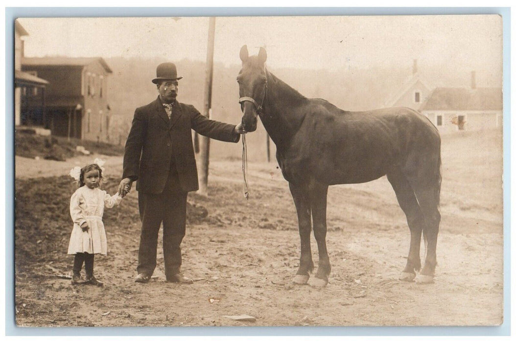 c1910 Man Child Cute Girl Bow Horse Bowler Hat RPPC Photo Unposted Postcard