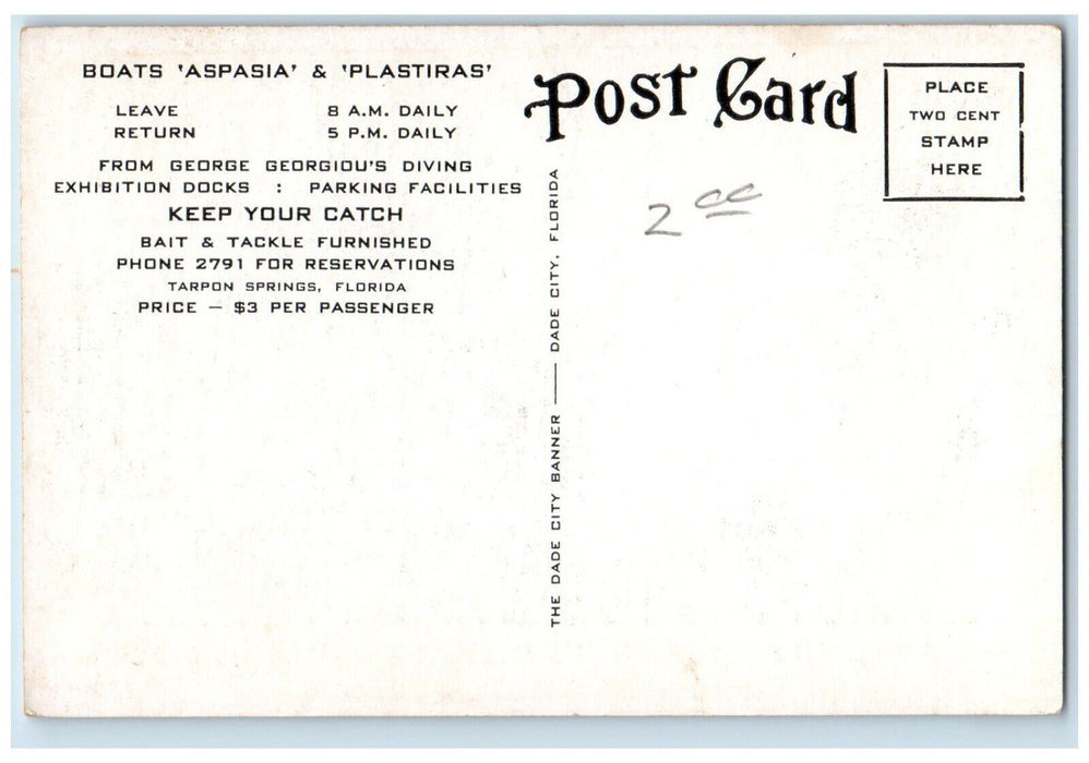 c1950's Deep Sea Fishing Aspasia Plastiras Tarpon Springs Florida FL Postcard