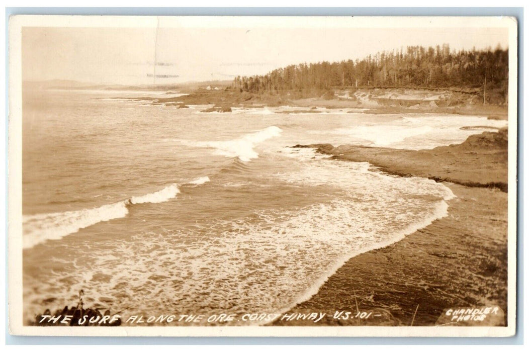 1941 Surf Along The Oregon Coast Hiway Newport OR Chandler RPPC Photo Postcard