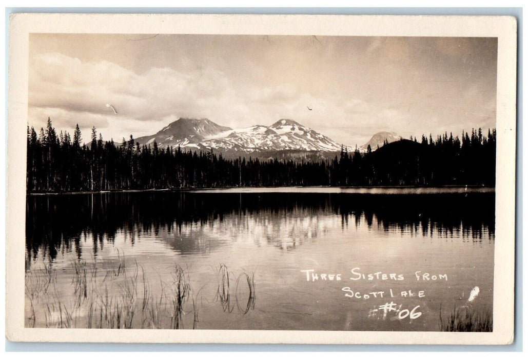 c1940's View Of Three Sisters From Scott Lake Oregon OR RPPC Photo Postcard