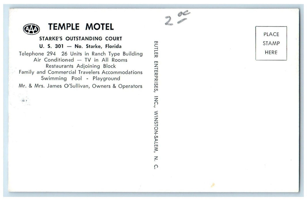 c1950's Temple Motel Starke's Outstanding Court Florida FL Unposted Postcard