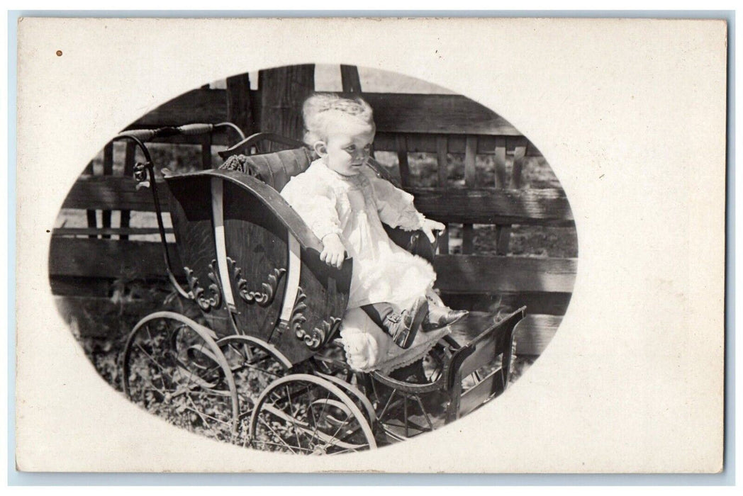 c1910's Cute Toddler Sat On Stroller Holcomb Illinois IL RPPC Photo Postcard