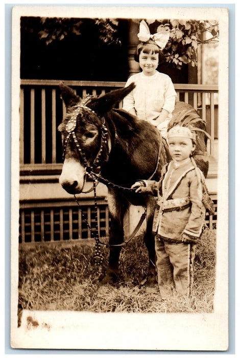 c1910's Cute Girl Riding Donkey Indian Boy Unposted Antique RPPC Photo Postcard