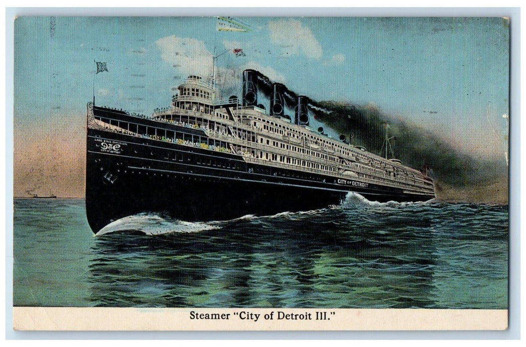 1914 Steamer City Of Detroit III Cruise Ferry Ship Buffalo Michigan MI Postcard