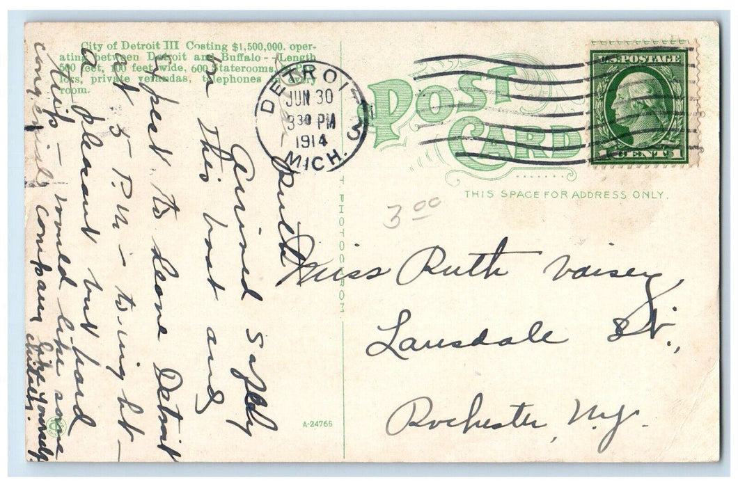 1914 Steamer City Of Detroit III Cruise Ferry Ship Buffalo Michigan MI Postcard