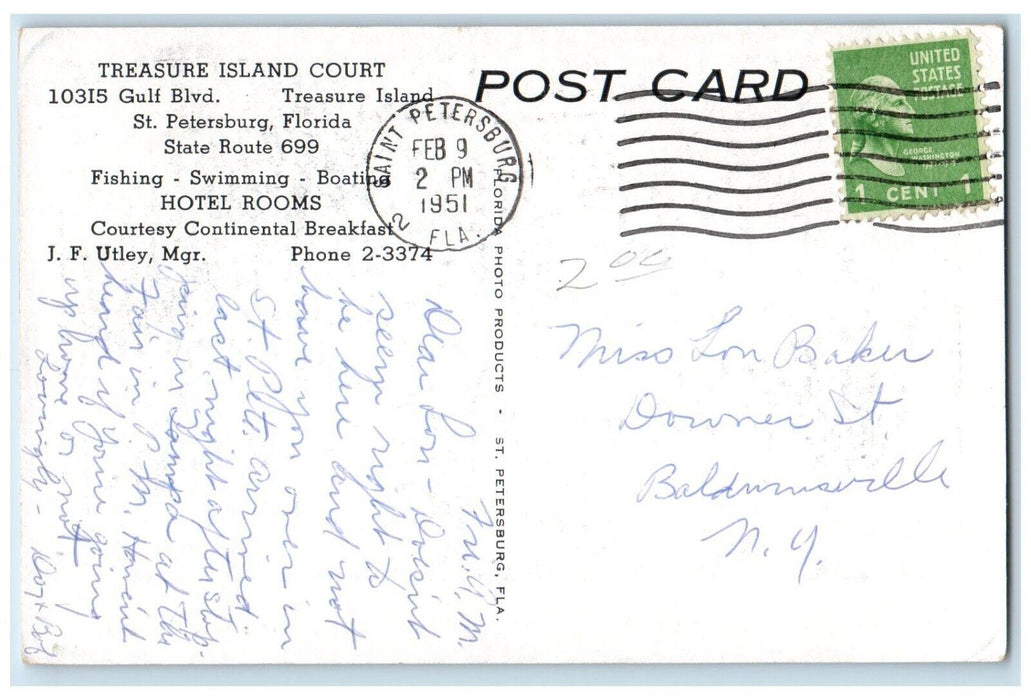 1951 Gulf of Mexico Treasure Island Court St. Petersburg Florida FL Postcard