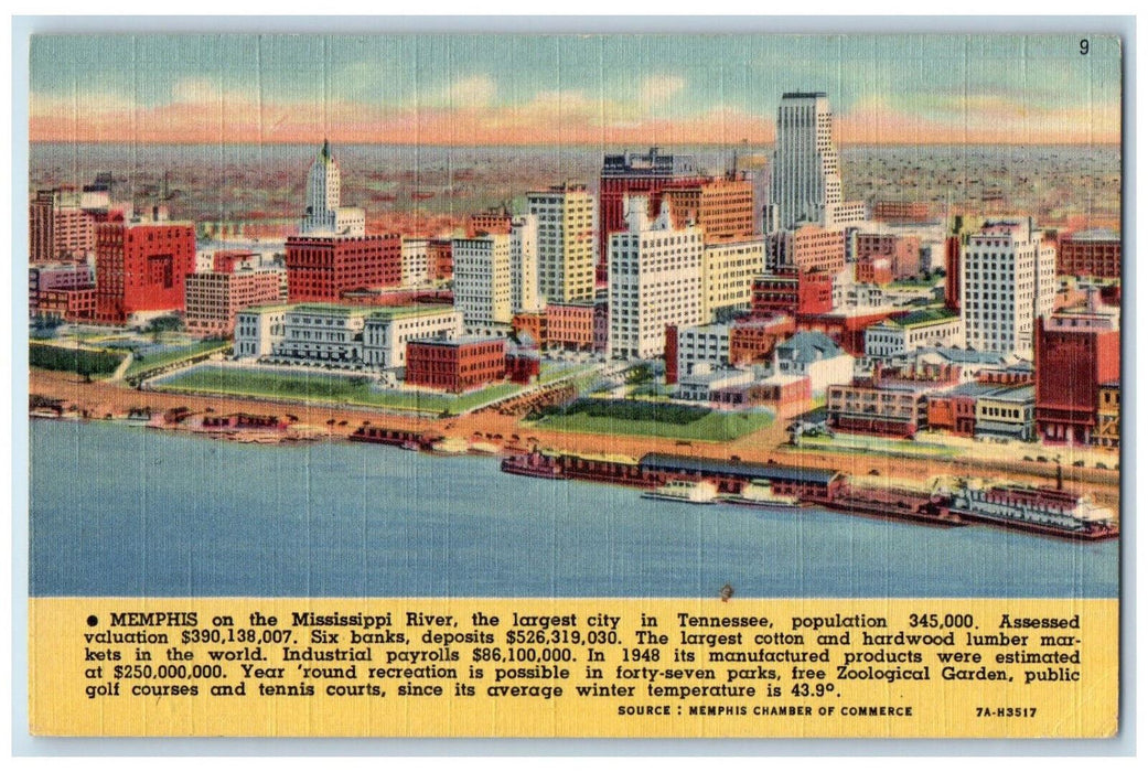 1951 View Of Mississippi River City  River Memphis Tennessee TN Vintage Postcard