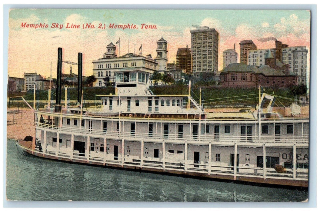1912 Memphis Sky Line No. 2 Tennessee TN, Steamer Ship Scene Antique Postcard