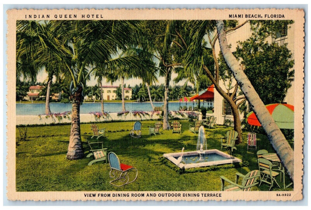 1947 Outdoor Dining Terrace Indian Queen Hotel Miami Beach Florida FL Postcard