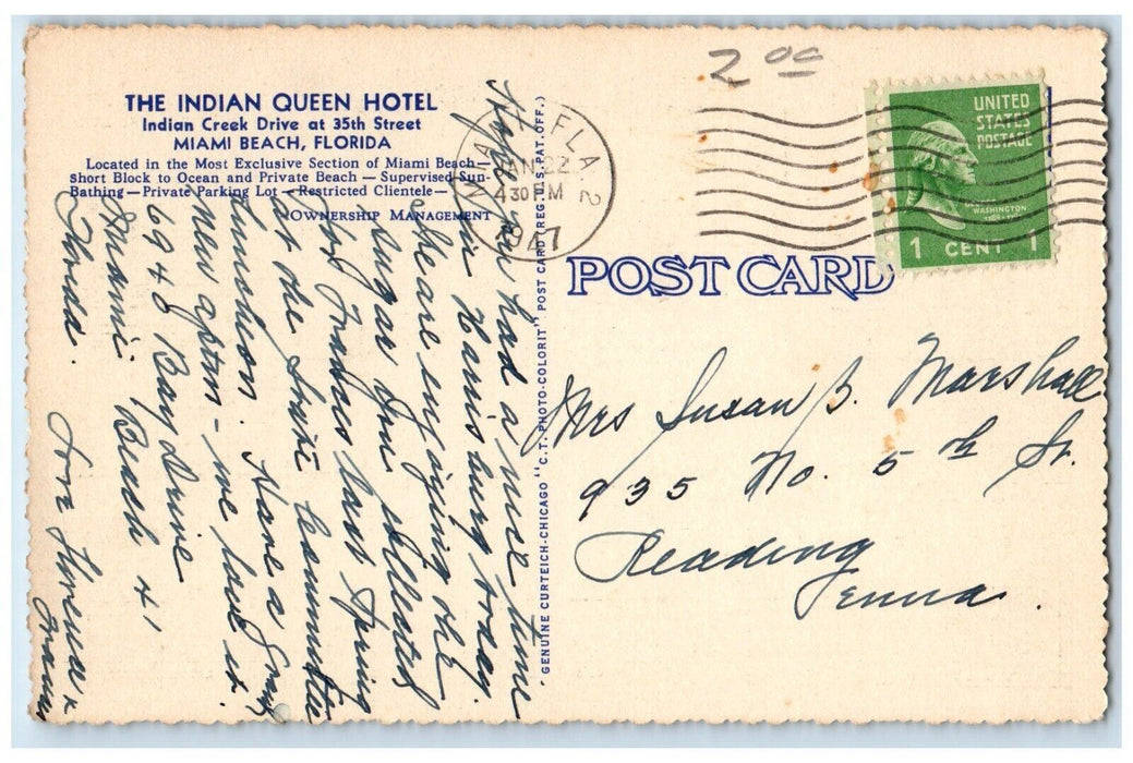 1947 Outdoor Dining Terrace Indian Queen Hotel Miami Beach Florida FL Postcard