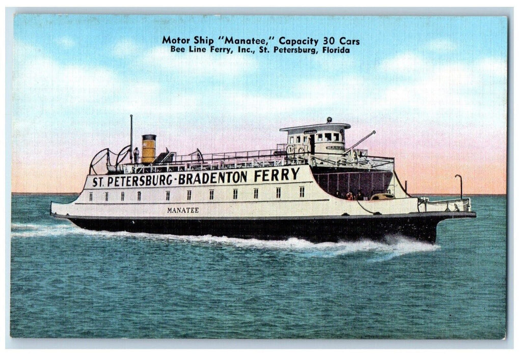 c1940's Motor Ship "Manatee" Bee Line Ferry St. Petersburg Florida FL Postcard