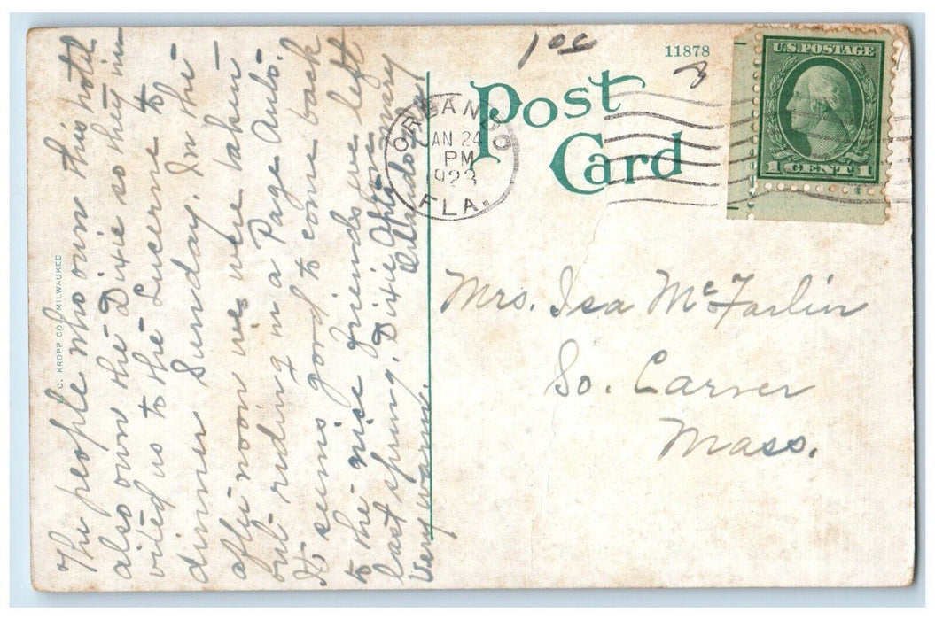 1923 Exterior View Lucerne Hotel Classic Car Orlando Florida FL Antique Postcard