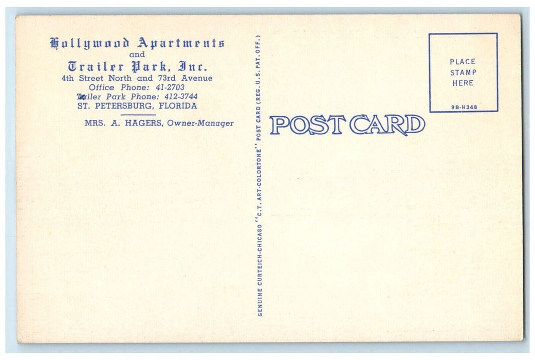 c1940's Hollywood Apartments Trailer Park St. Petersburg FL Postcard