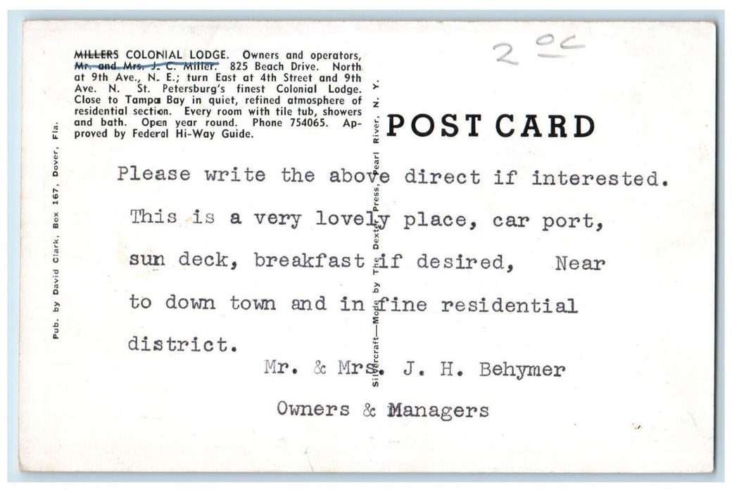 c1940's Millers Colonial Lodge 825 Beach Drive North St. Petersburg FL Postcard