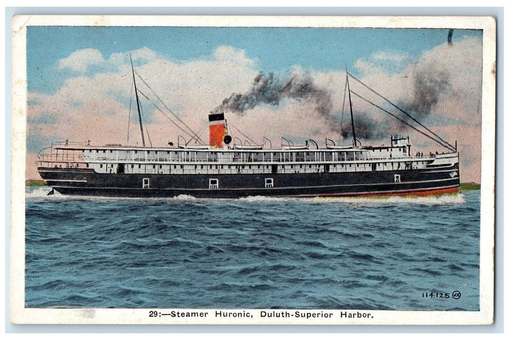 c1920 Steamer Huronic Duluth Superior Harbor Ferry Ship Sky Blue Water Postcard