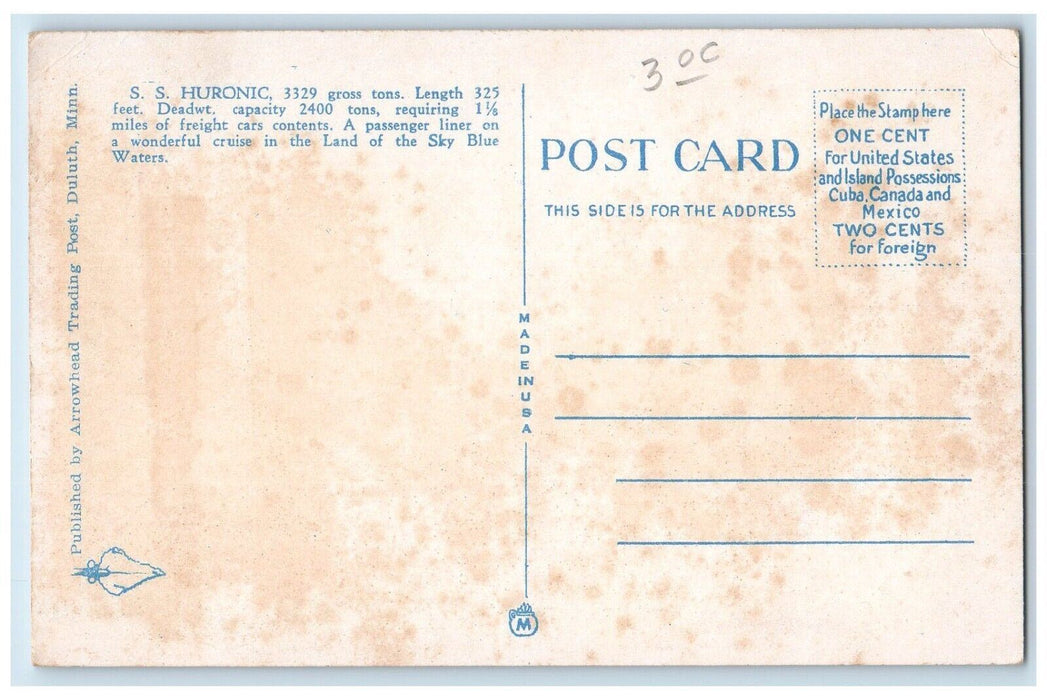 c1920 Steamer Huronic Duluth Superior Harbor Ferry Ship Sky Blue Water Postcard