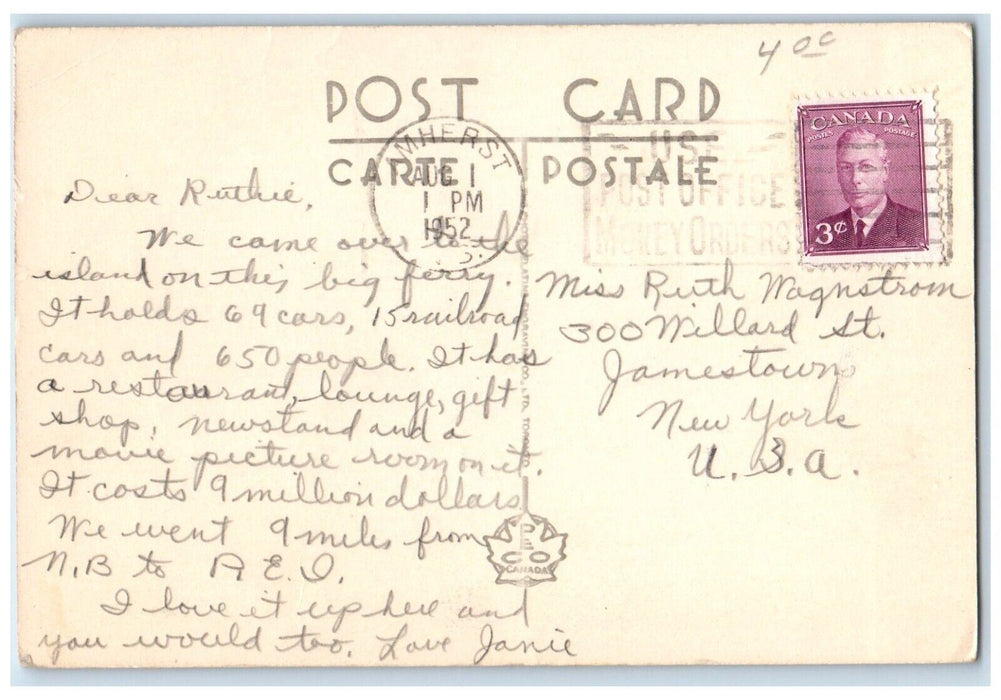 1952 Ice Breaking Car Ferry Abegweit Port Borden Cape Tomentine Steamer Postcard