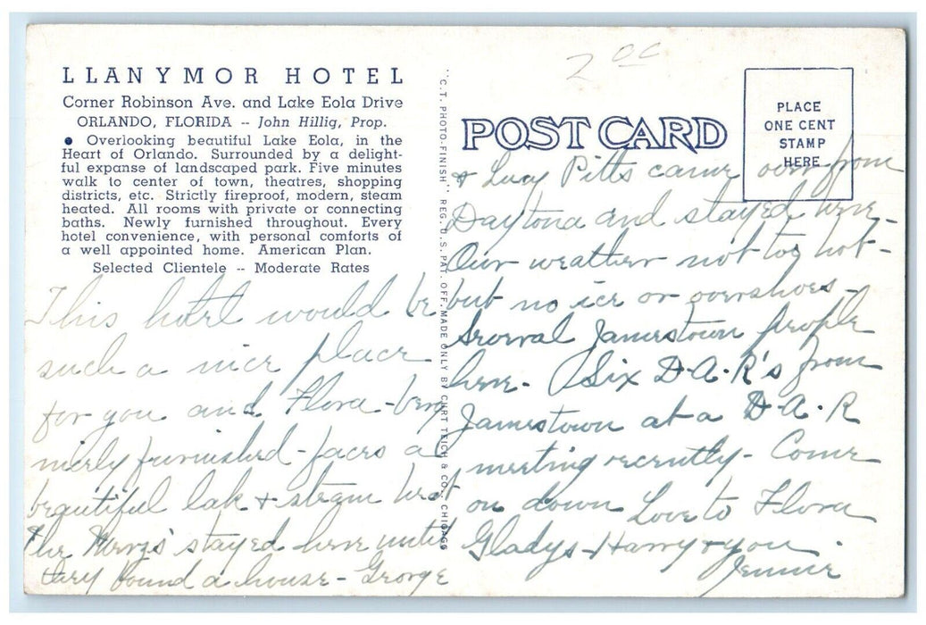 c1940 Llanymor Hotel Overlooking Lake Eola Orlando Florida FL Antique Postcard