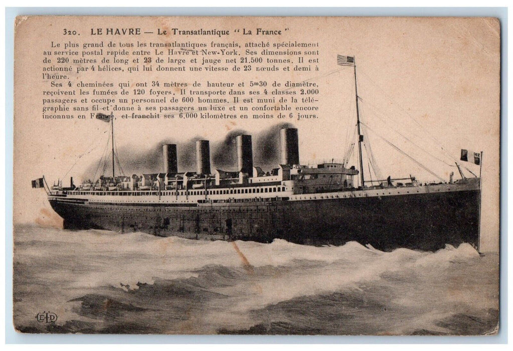 1940 Le Havre Le Transatlantique La France Steamer Sea Vintage Antique Postcard