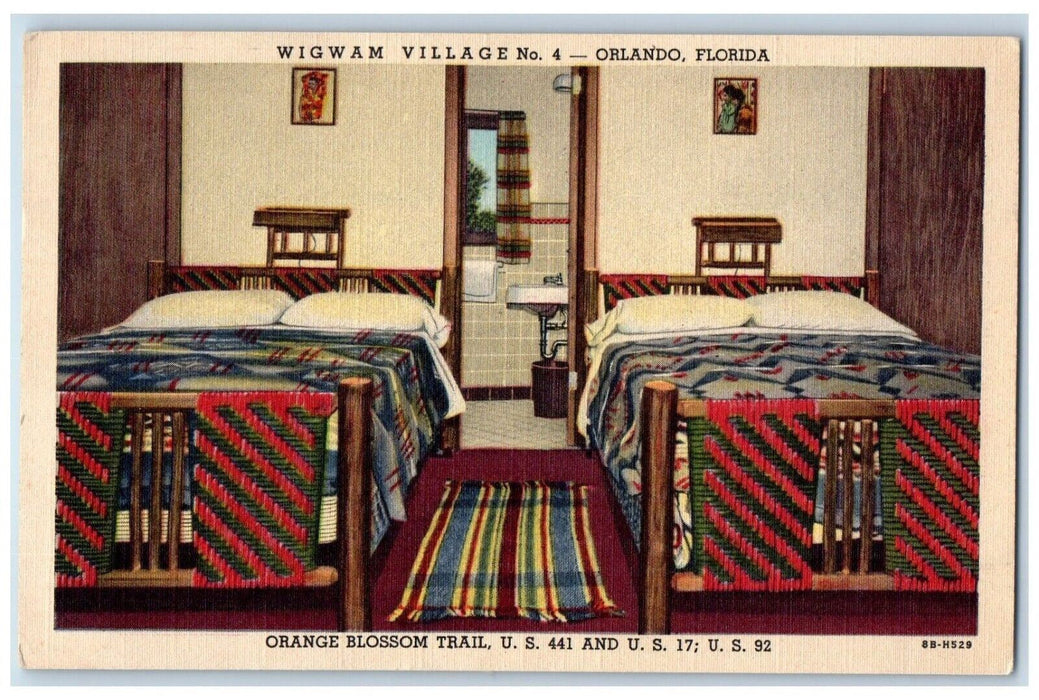 c1940 Interior Bedroom Orange Blossom Trail Wigwam Village Orlando FL Postcard