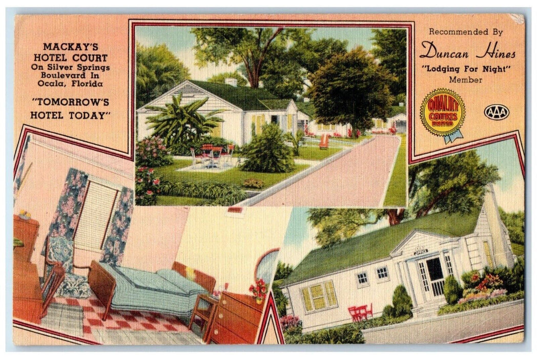1940 Mackay's Hotel Court Multi-View Tomorrow Hotel Today Ocala Florida Postcard