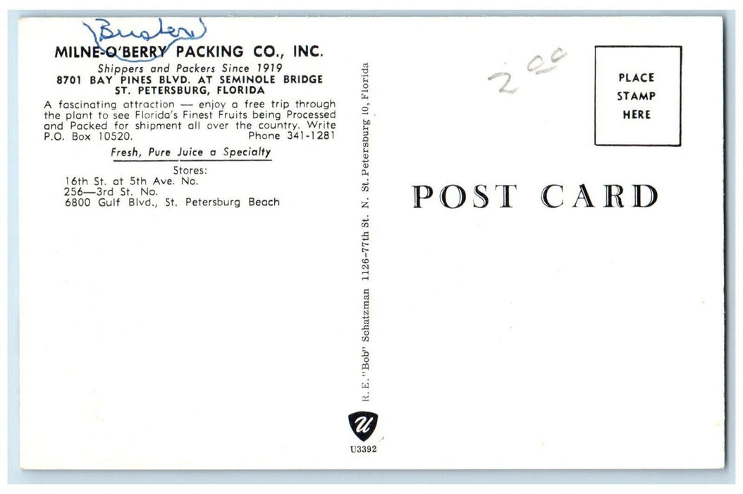 c1960's Milne-O'Berry Packing Co. Inc St.Petersburg Florida FL Postcard