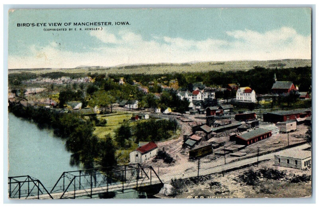 1922 Bridge Bird's Eye View of Manchester Iowa IA Antique Posted Postcard