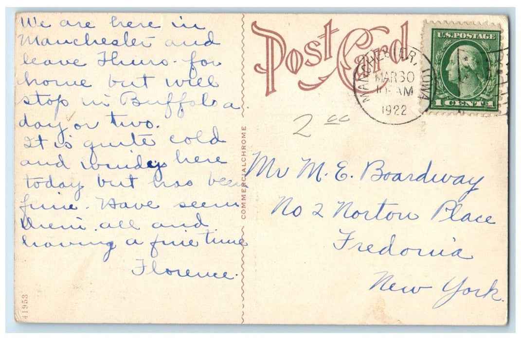1922 Bridge Bird's Eye View of Manchester Iowa IA Antique Posted Postcard