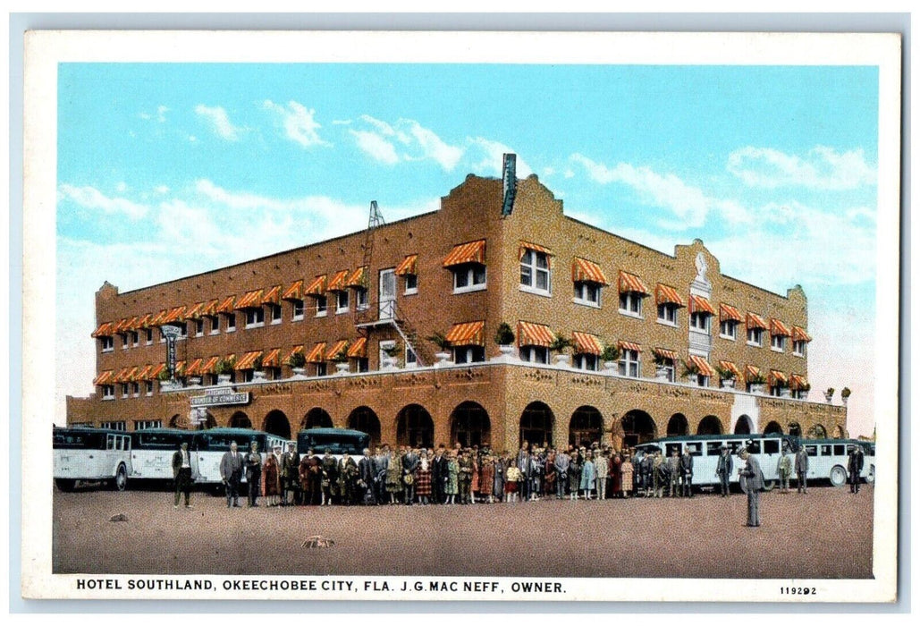 c1930 Exterior View New Hotel Southland Buses Okeechobee City Florida Postcard