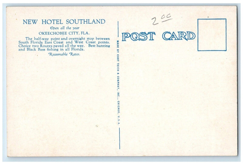 c1930 Exterior View New Hotel Southland Buses Okeechobee City Florida Postcard