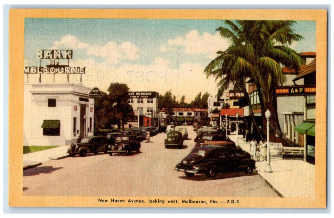 c1940 New Haven Avenue Looking West Classic Cars Melbourne Florida FL Postcard