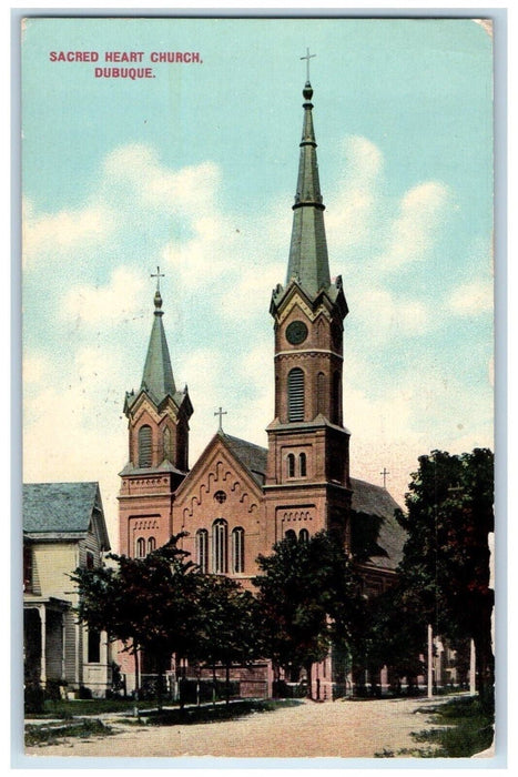 1910 Sacred Heart Church Dubuque Iowa IA Rewey WI Antique Posted Postcard