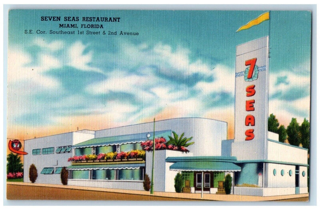 1940 Seven Seas Restaurant Building Marine Cocktail Lounge Miami FL Postcard