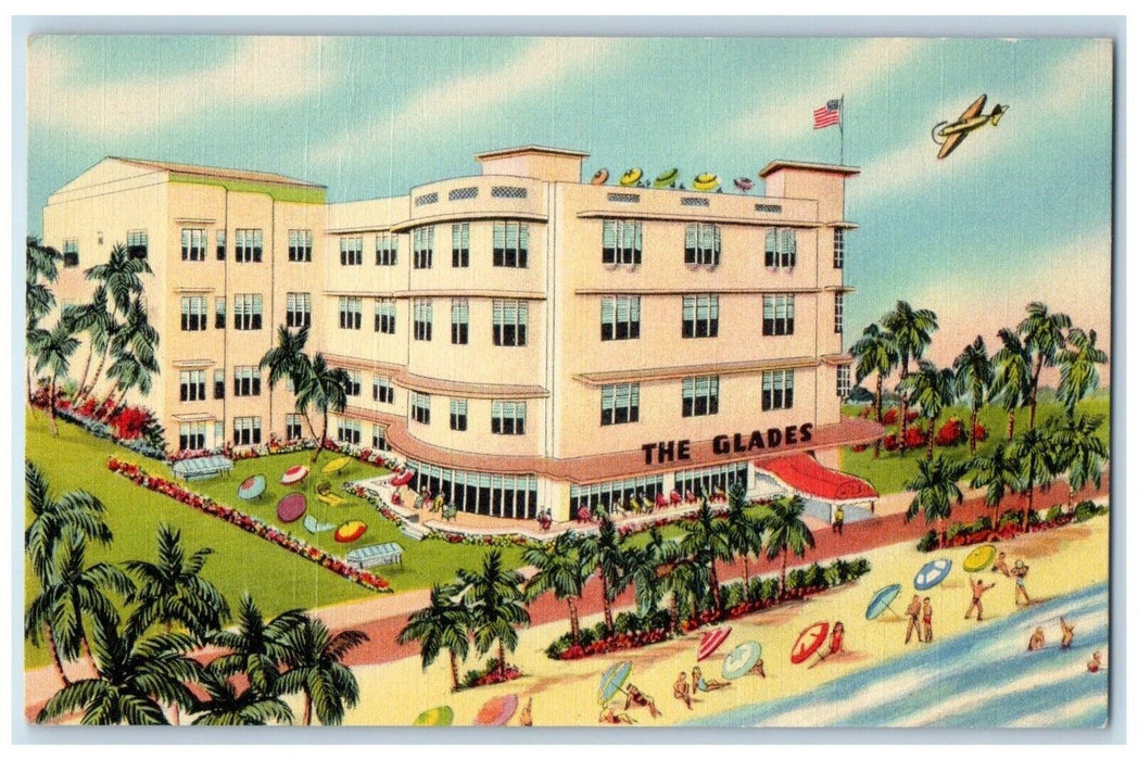 c1940 Glades Building Beach Umbrella Airplane Miami Beach Florida FL Postcard