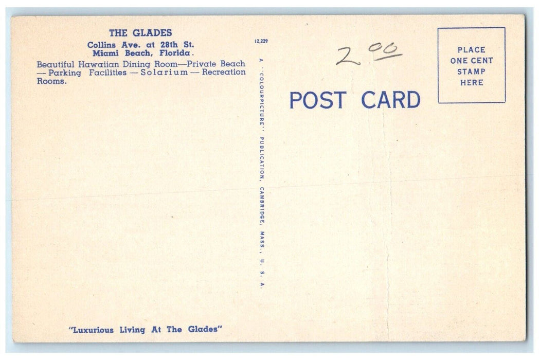c1940 Glades Building Beach Umbrella Airplane Miami Beach Florida FL Postcard