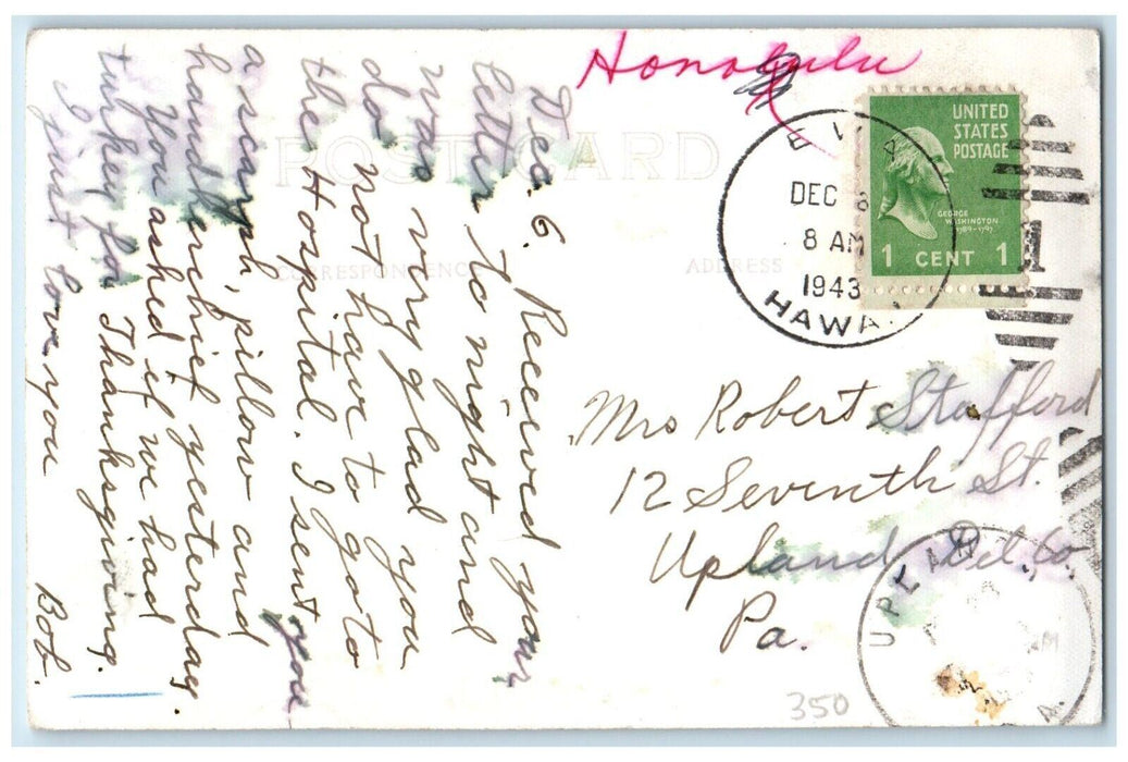 1943 King Kamehameha Honolulu Hawaii HI, Upland PA Vintage RPPC Photo Postcard