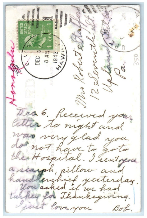 1943 King Kamehameha Honolulu Hawaii HI, Upland PA Vintage RPPC Photo Postcard