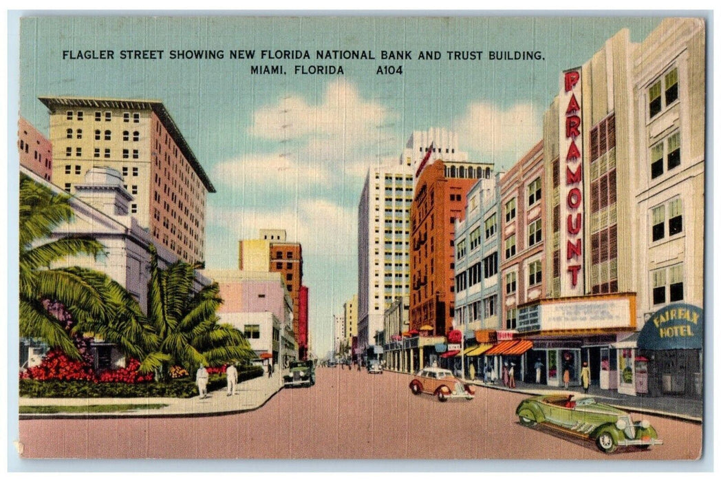 1941 Flagler Street Showing Florida National Bank Trust Miami Florida Postcard