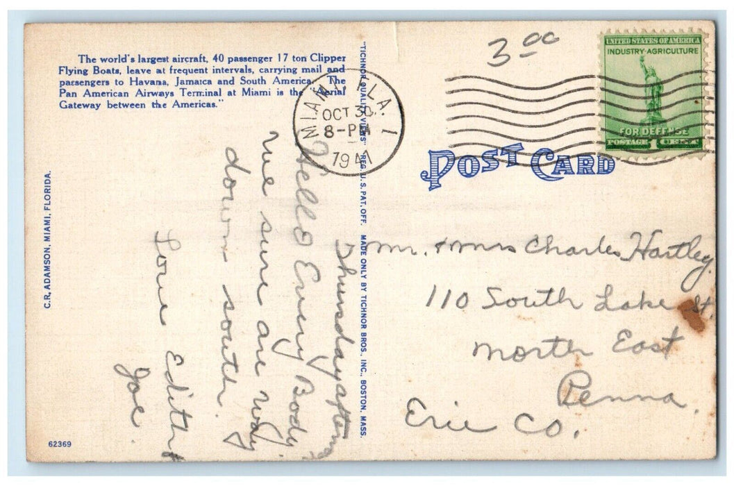c1941 Early Morning Take Off Pan American Clipper Ship Miami Florida FL Postcard