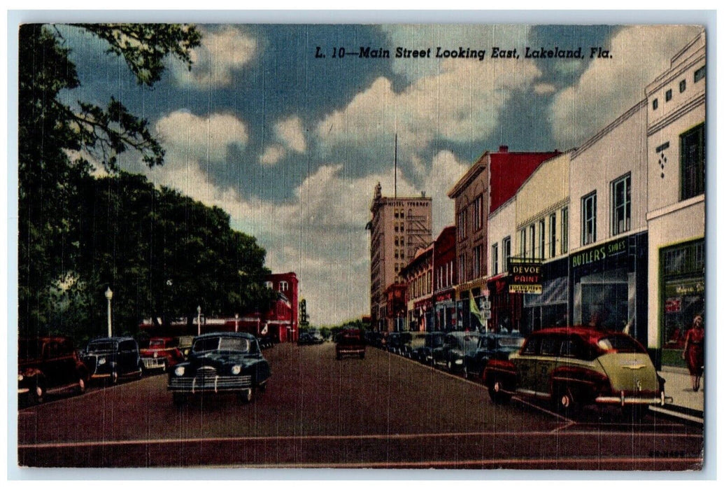 c1940 Main Street Looking East Classic Cars Lakeland Florida FL Antique Postcard