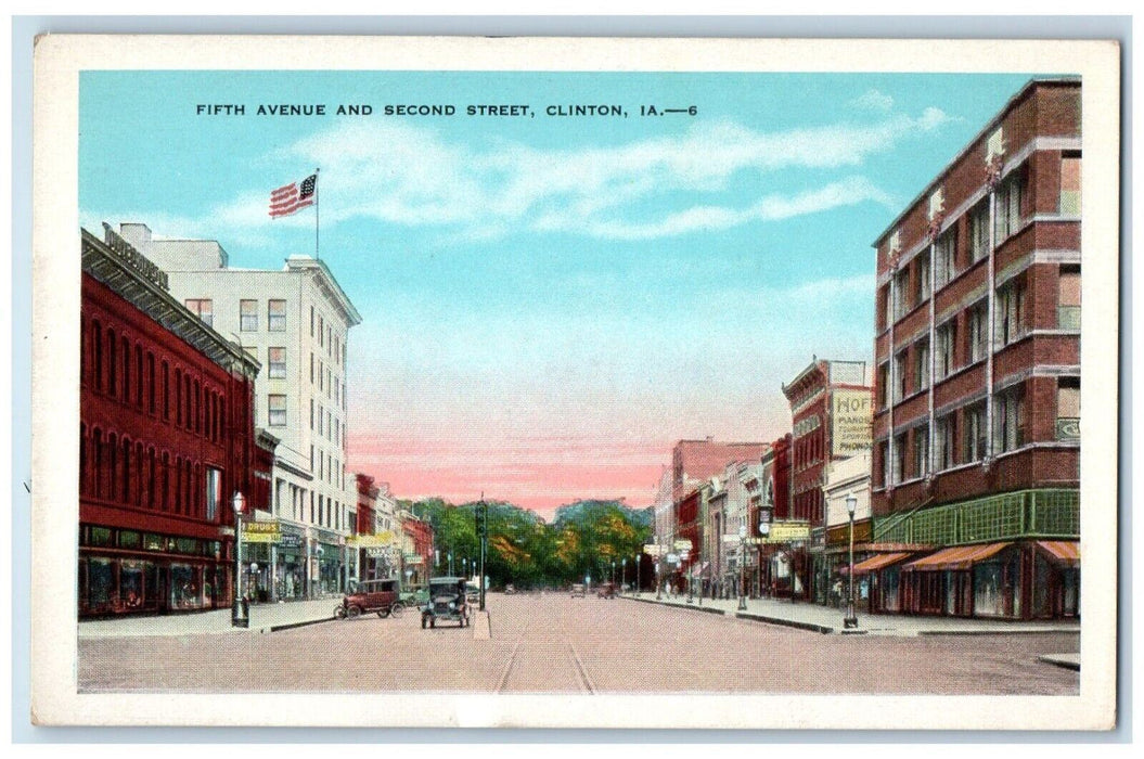 c1920's Drugstore at Fifth Ave. Second Street Clinton Iowa IA Antique Postcard