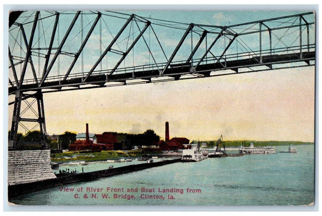 1913 View of River Front and Boat Landing C & NW Bridge Clinton IA Postcard