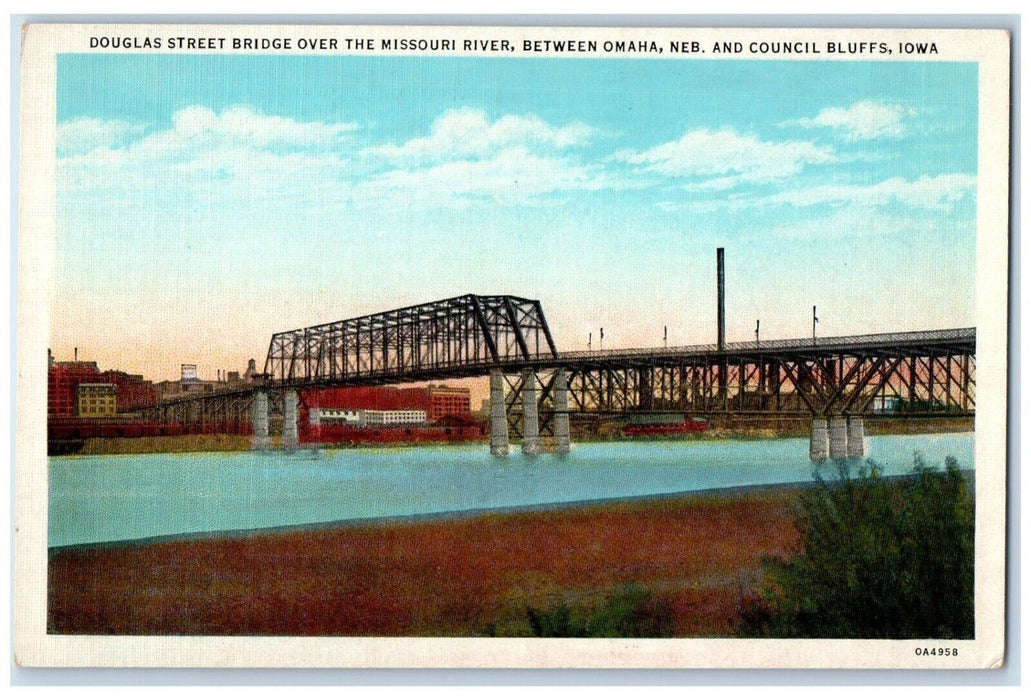 c1940's Douglas Street Bridge Over The Missouri River Council Bluffs IA Postcard