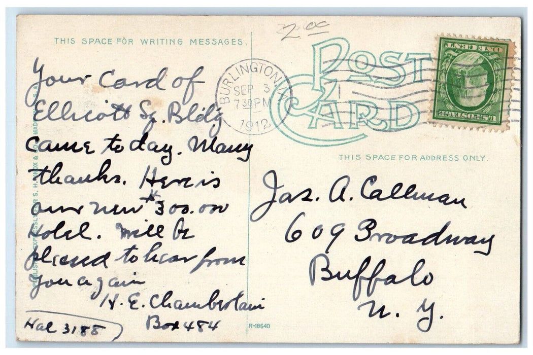 1912 Hotel Burlington Entrance Burlington Iowa IA Antique Posted Postcard