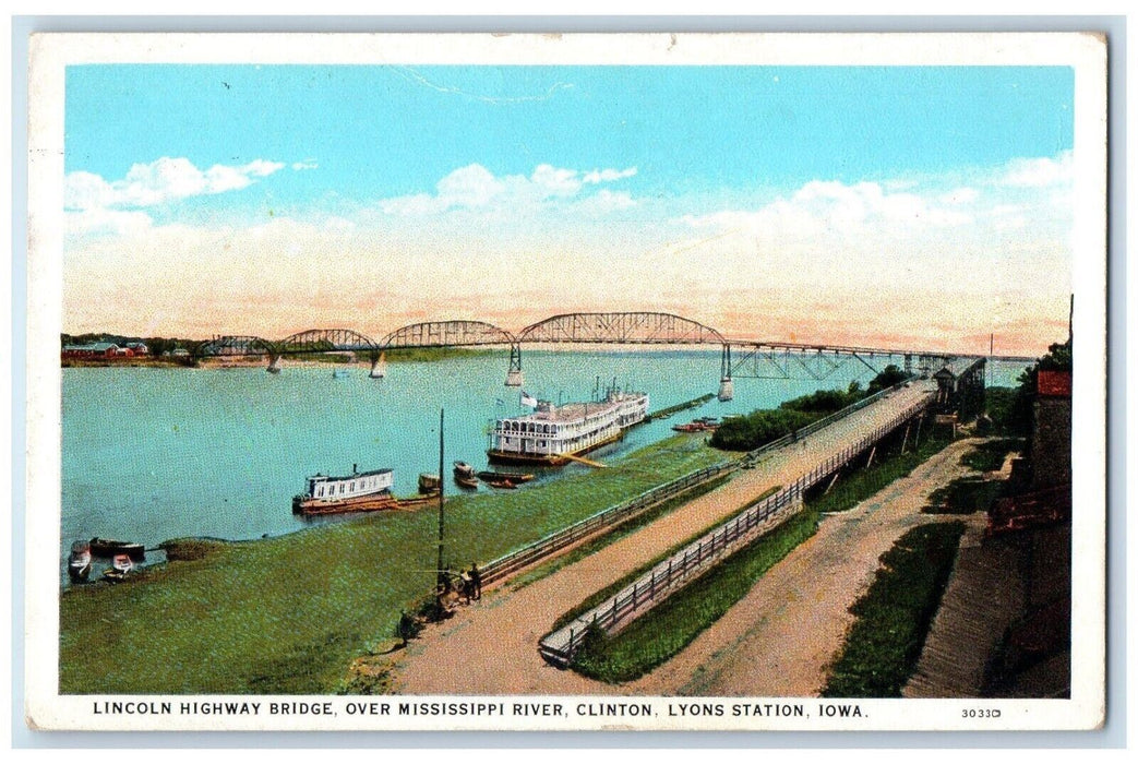1927 Lincoln Highway Bridge Over Mississippi River Lyons Station Iowa Postcard
