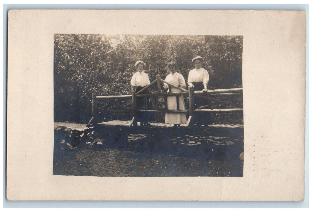 1909 Womans On The Wooden Bridge Buffalo New York NY Antique RPPC Photo Postcard