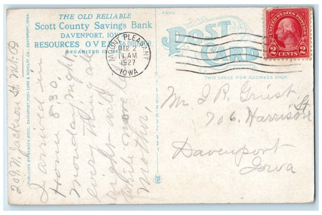 1927 Scott County Savings Bank Building Davenport Iowa Mount Pleasant Postcard